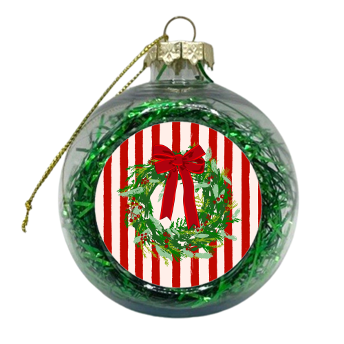 Red Retro Stripes Coquette Christmas Wreath Art - xmas bauble by EZbie