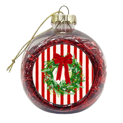 Red Retro Stripes Coquette Christmas Wreath Art - xmas bauble by EZbie