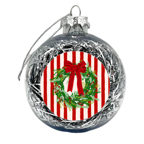 Red Retro Stripes Coquette Christmas Wreath Art - xmas bauble by EZbie