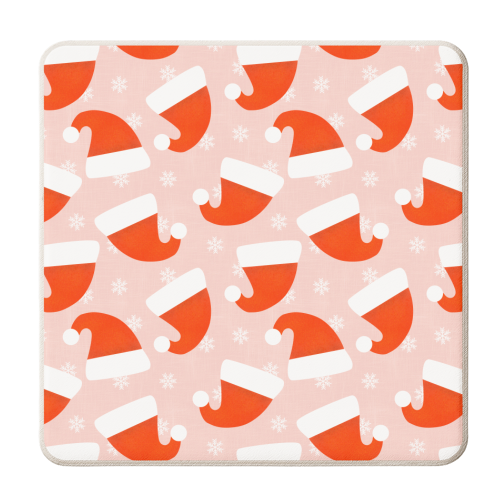 Red Santa Hats & Snowflakes - personalised beer coaster by Ania Wieclaw