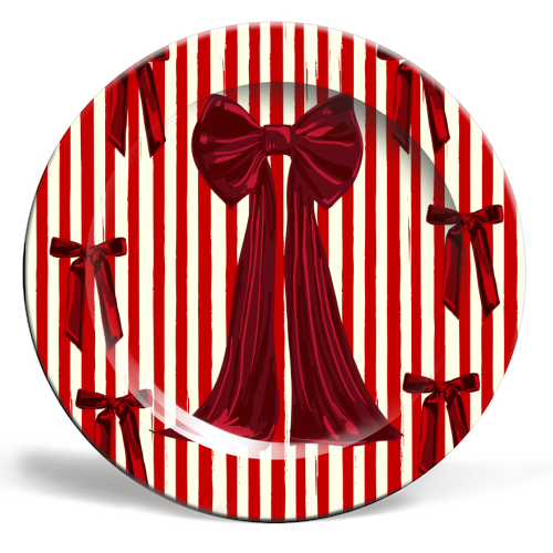 Retro Big Red Bows & Stripes Design - ceramic dinner plate by EZbie