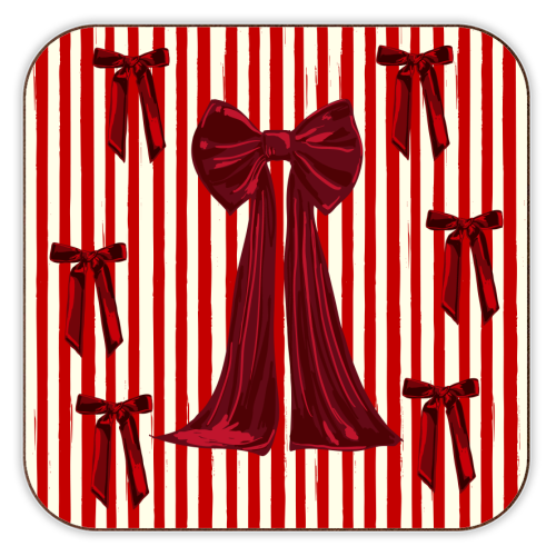 Retro Big Red Bows & Stripes Design - personalised beer coaster by EZbie