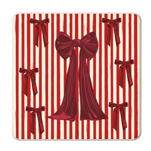 Retro Big Red Bows & Stripes Design - personalised beer coaster by EZbie