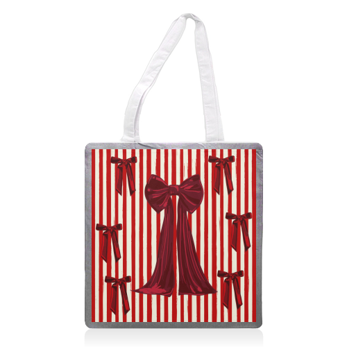 Retro Big Red Bows & Stripes Design - printed canvas tote bag by EZbie