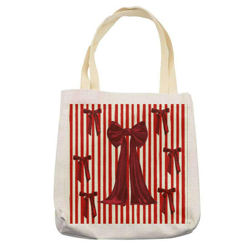 Retro Big Red Bows & Stripes Design - printed canvas tote bag by EZbie