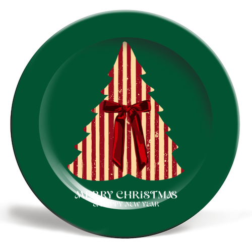 Retro Christmas Tree Greeting Illustration - ceramic dinner plate by EZbie
