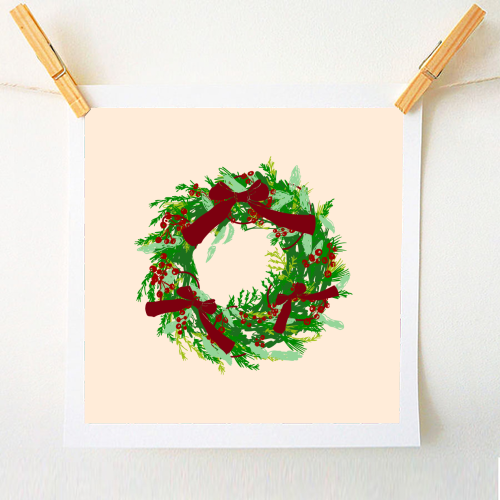 Retro Christmas Wreath with Bows Art - A1 - A4 art print by EZbie