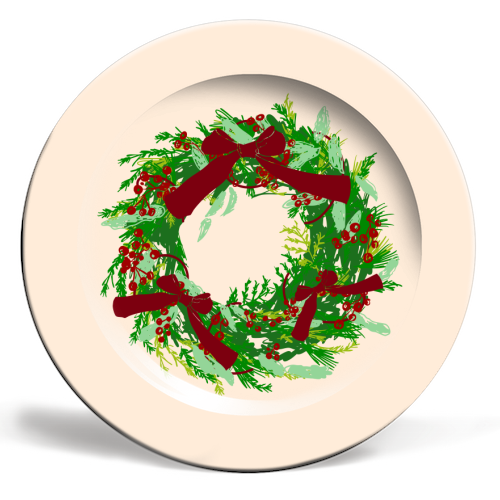 Retro Christmas Wreath with Bows Art - ceramic dinner plate by EZbie