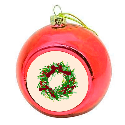 Retro Christmas Wreath with Bows Art - colourful christmas bauble by EZbie