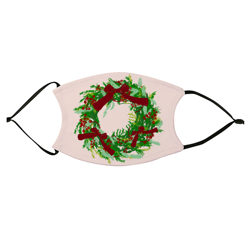 Retro Christmas Wreath with Bows Art - face cover mask by EZbie