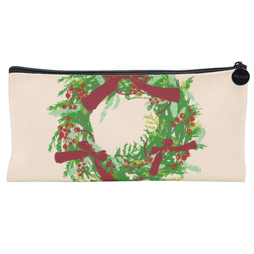 Retro Christmas Wreath with Bows Art - flat pencil case by EZbie