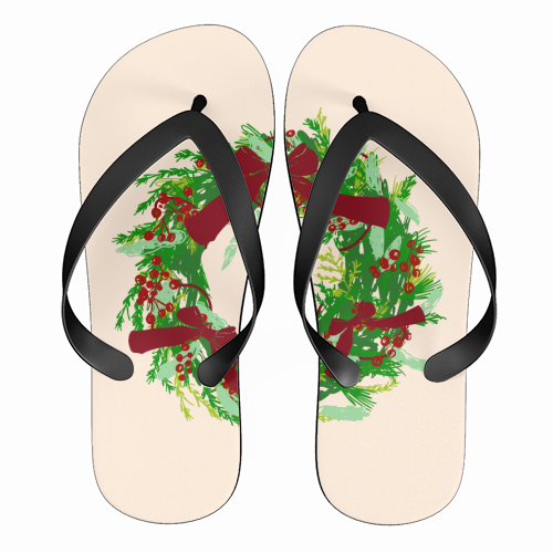 Retro Christmas Wreath with Bows Art - funny flip flops by EZbie