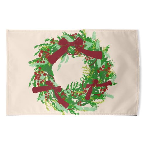 Retro Christmas Wreath with Bows Art - funny tea towel by EZbie