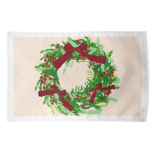 Retro Christmas Wreath with Bows Art - funny tea towel by EZbie