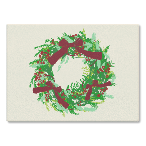 Retro Christmas Wreath with Bows Art - glass chopping board by EZbie