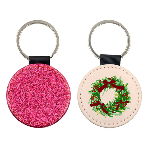 Retro Christmas Wreath with Bows Art - keyring by EZbie