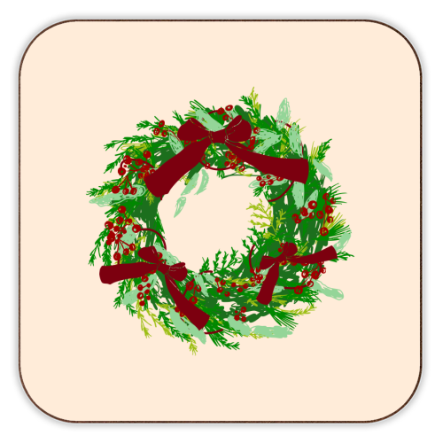 Retro Christmas Wreath with Bows Art - personalised beer coaster by EZbie