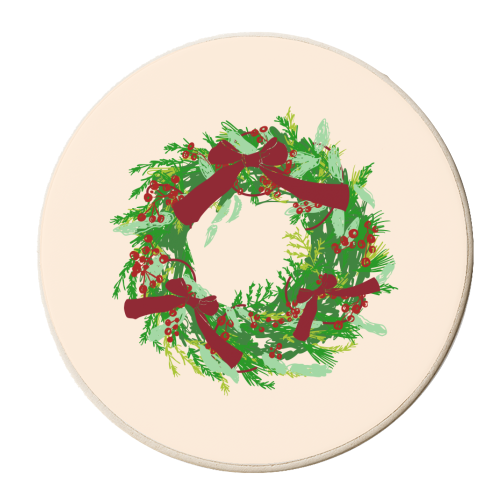 Retro Christmas Wreath with Bows Art - personalised beer coaster by EZbie