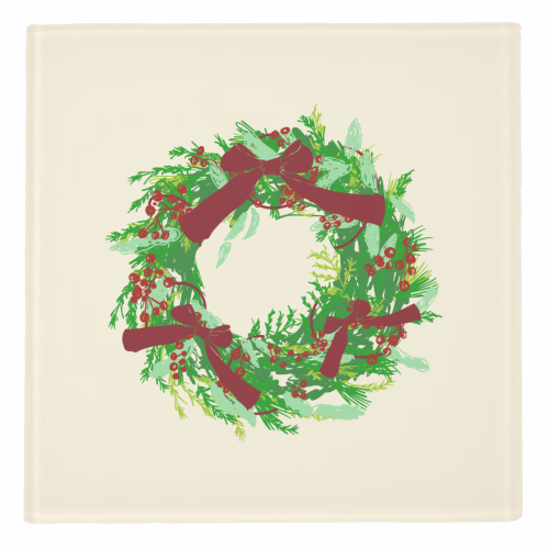 Retro Christmas Wreath with Bows Art - personalised beer coaster by EZbie