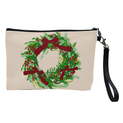 Retro Christmas Wreath with Bows Art - pretty makeup bag by EZbie