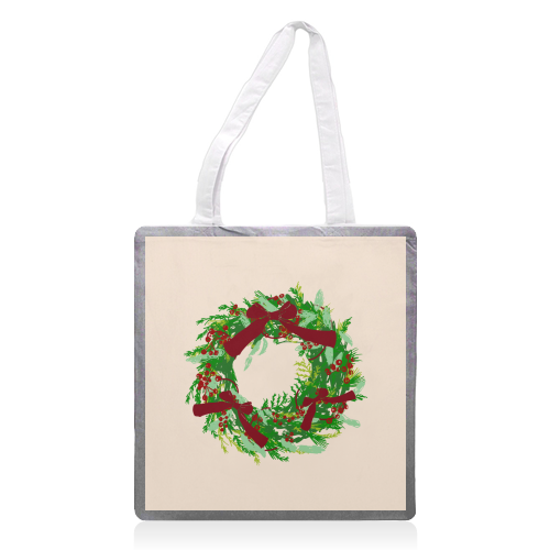 Retro Christmas Wreath with Bows Art - printed canvas tote bag by EZbie