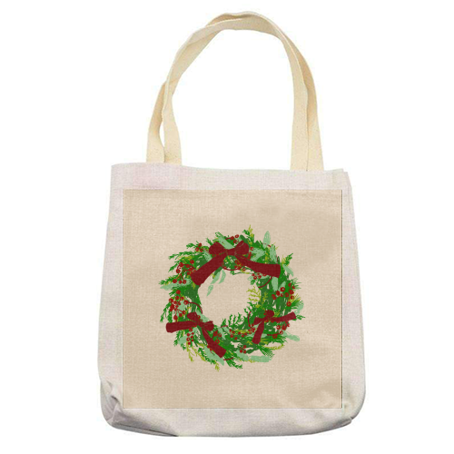 Retro Christmas Wreath with Bows Art - printed canvas tote bag by EZbie