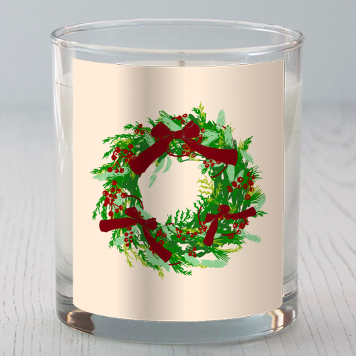 Retro Christmas Wreath with Bows Art - scented candle by EZbie
