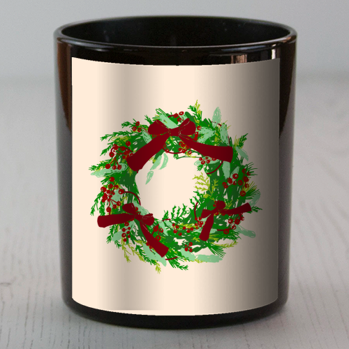 Retro Christmas Wreath with Bows Art - scented candle by EZbie