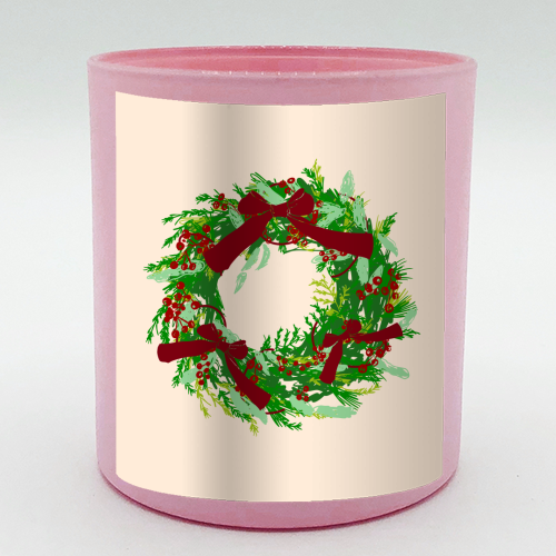 Retro Christmas Wreath with Bows Art - scented candle by EZbie