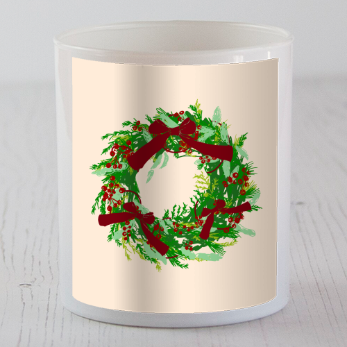Retro Christmas Wreath with Bows Art - scented candle by EZbie