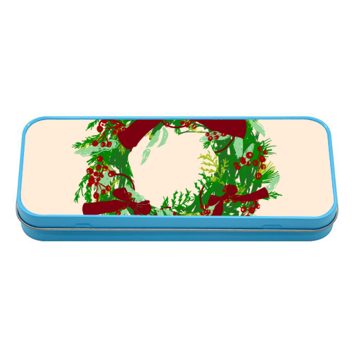 Retro Christmas Wreath with Bows Art - tin pencil case by EZbie