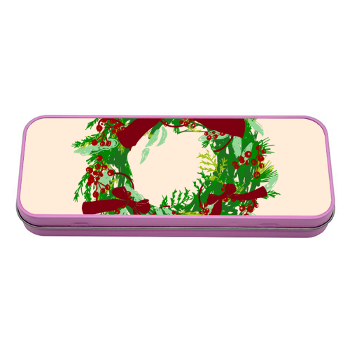 Retro Christmas Wreath with Bows Art - tin pencil case by EZbie