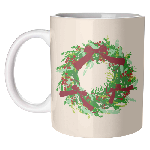 Retro Christmas Wreath with Bows Art - unique mug by EZbie