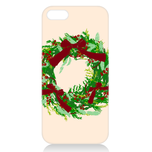 Retro Christmas Wreath with Bows Art - unique phone case by EZbie