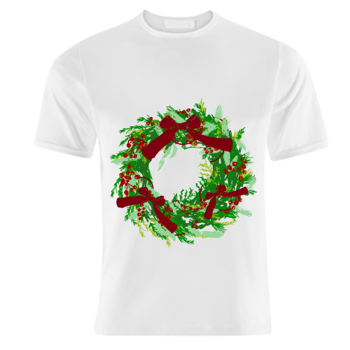 Retro Christmas Wreath with Bows Art - unique t shirt by EZbie