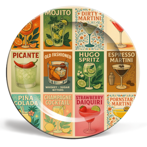 Retro Cocktail Posters - ceramic dinner plate by Ms Doodle