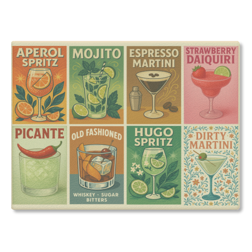Retro Cocktail Posters - glass chopping board by Ms Doodle