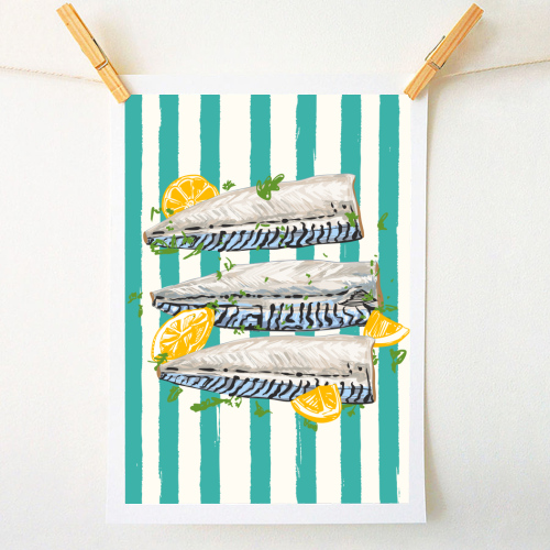 Retro Mackerel Fillet with Lemons Stripes - A1 - A4 art print by EZbie