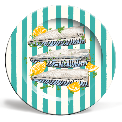 Retro Mackerel Fillet with Lemons Stripes - ceramic dinner plate by EZbie
