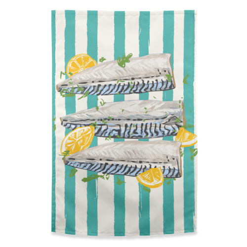 Retro Mackerel Fillet with Lemons Stripes - funny tea towel by EZbie