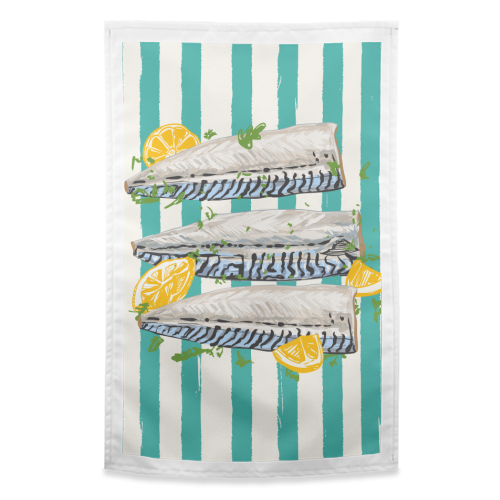 Retro Mackerel Fillet with Lemons Stripes - funny tea towel by EZbie