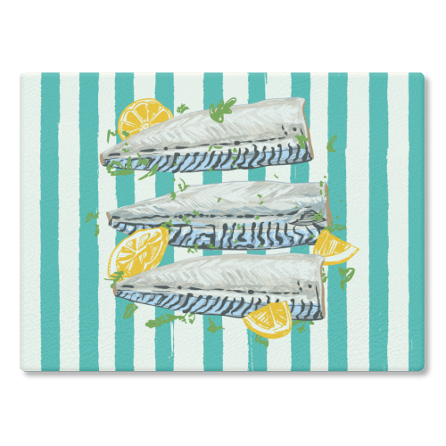 Retro Mackerel Fillet with Lemons Stripes - glass chopping board by EZbie