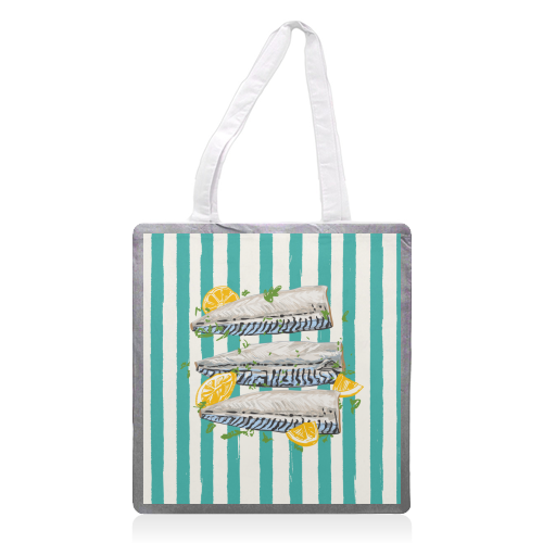 Retro Mackerel Fillet with Lemons Stripes - printed canvas tote bag by EZbie
