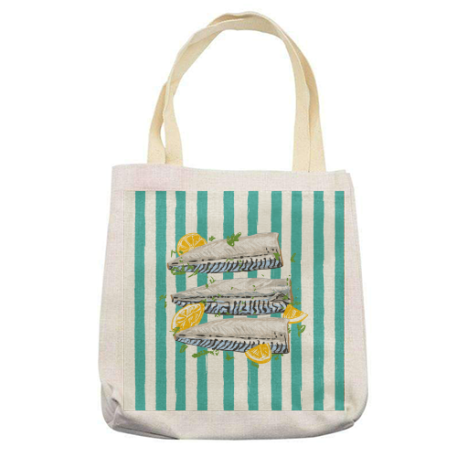 Retro Mackerel Fillet with Lemons Stripes - printed canvas tote bag by EZbie