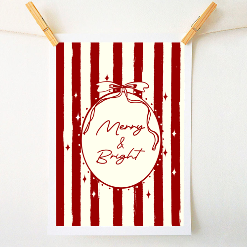 Retro Merry & Bright Christmas Stripes Illustration - A1 - A4 art print by EZbie