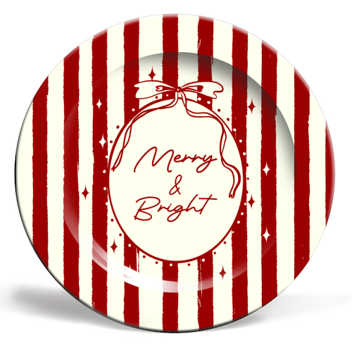 Retro Merry & Bright Christmas Stripes Illustration - ceramic dinner plate by EZbie