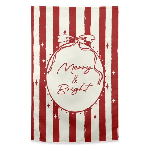Retro Merry & Bright Christmas Stripes Illustration - funny tea towel by EZbie