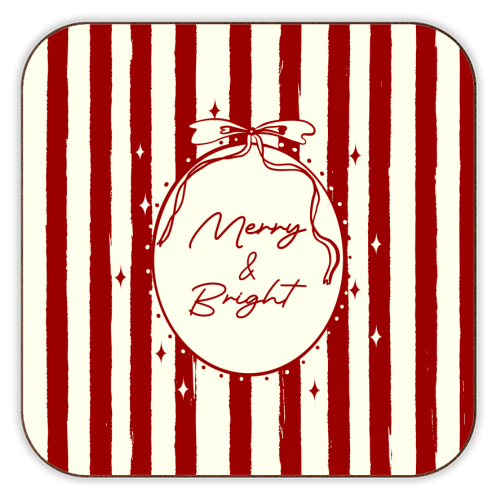Retro Merry & Bright Christmas Stripes Illustration - personalised beer coaster by EZbie