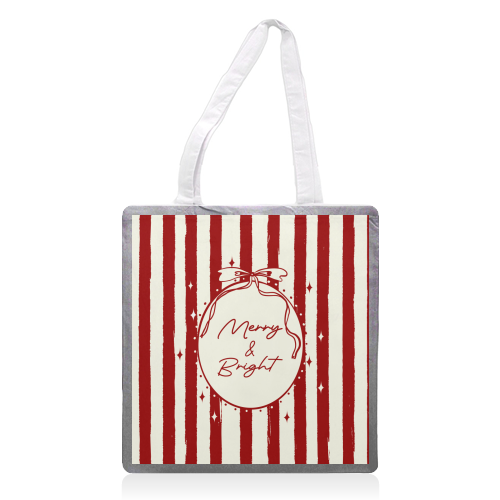 Retro Merry & Bright Christmas Stripes Illustration - printed canvas tote bag by EZbie