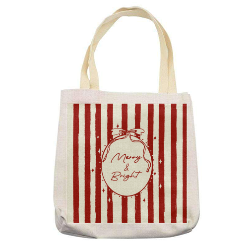 Retro Merry & Bright Christmas Stripes Illustration - printed canvas tote bag by EZbie